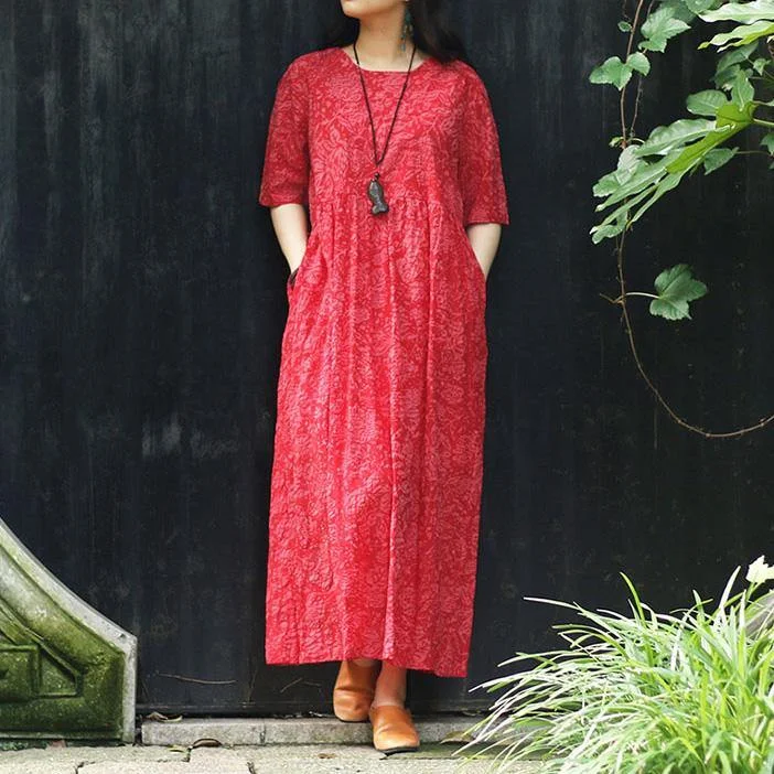 100% V Neck Tie Waist Cotton Dresses Plus Size Wardrobes Red Print Maxi Dresses Summer Fashionable Maxi Dress with Fringe