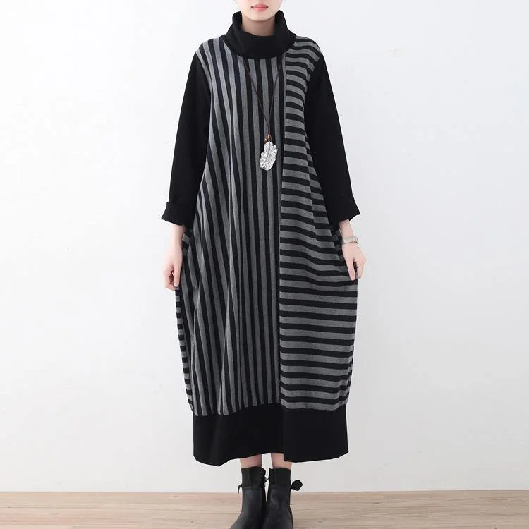 2017 black striped cotton maxi dress casual patchwork cotton maxi dress women high neck traveling dress Comfortable Plunging Neckline Maxi Dress