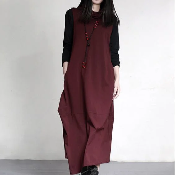 2017 fall burgundy vintage sleeveless cotton dresses asymmetric draping slim  maxi dress Cozy Ribbed Maxi Dress