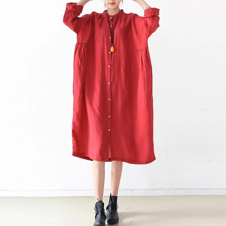 2017 fall red linen dresses baggy loose wrinkled plus size lapel maxi dress Stylish Boho Maxi Dress