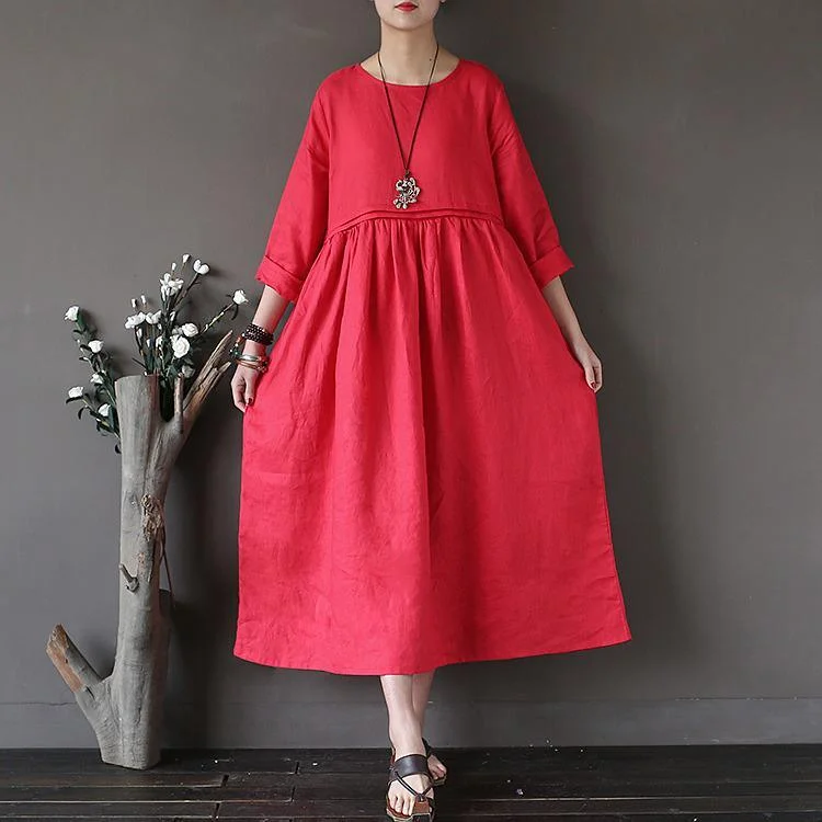 2017 fall red patchwork linen dresses plus size casual high waist maxi dress Comfortable Maxi Dress with Slits