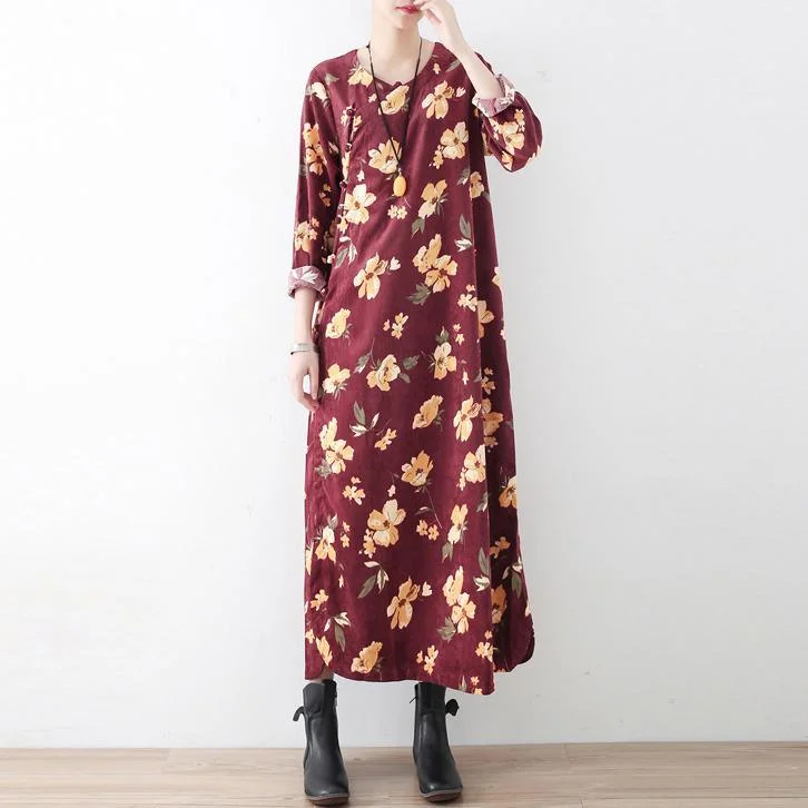 2017 fall red prints vintage cotton dresses oversize Chinese Button maxi dresses Trendy Floral Print Maxi Dress