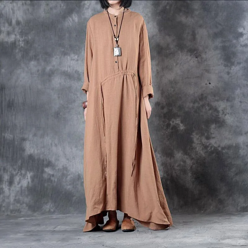 2017 light khaki stand linen gown plus size casual long sleeve tie waist maxi dress Fashionable Halter Neck Maxi Dress