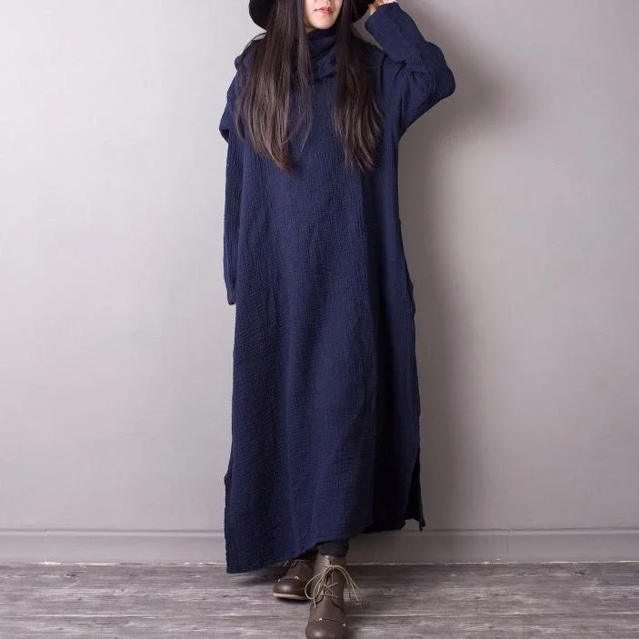 2017 navy casual linen caftans oversize vintage long sleeve maxi dress Fashionable Faux Wrap Maxi Dress