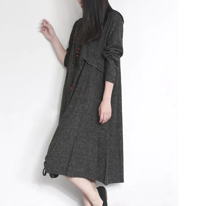 2017 new stylish dark gray woolen dresses plus size cotton vintage elegant maxi dress Fashionable Layered Maxi Dress