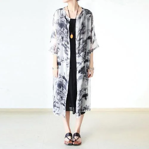 2017 new white print chiffon maxi dress plus size silk shirt dresses long sleeve caftans Trendy Fit-and-Flare Maxi Dress