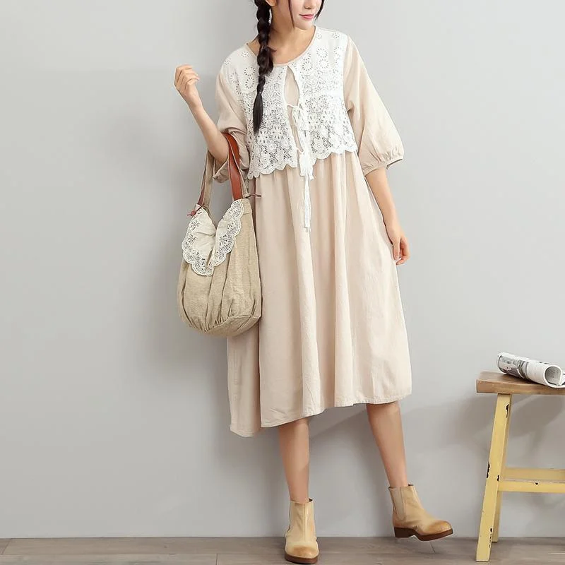 2017 nude casual summer dress oversize cotton maxi dress half sleeve vintage sundress Elegant Lace-Up Maxi Dress