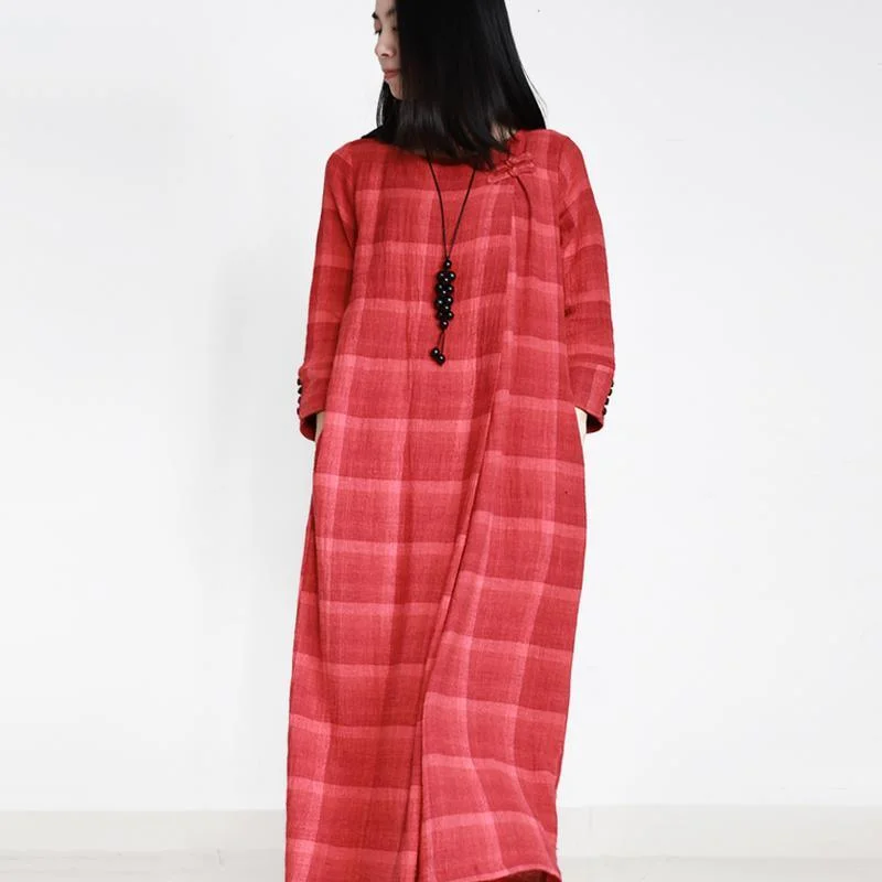 2017 red grid linen dresses plus size casual vintage asymmetric maxi dress Cozy Knit Maxi Dress