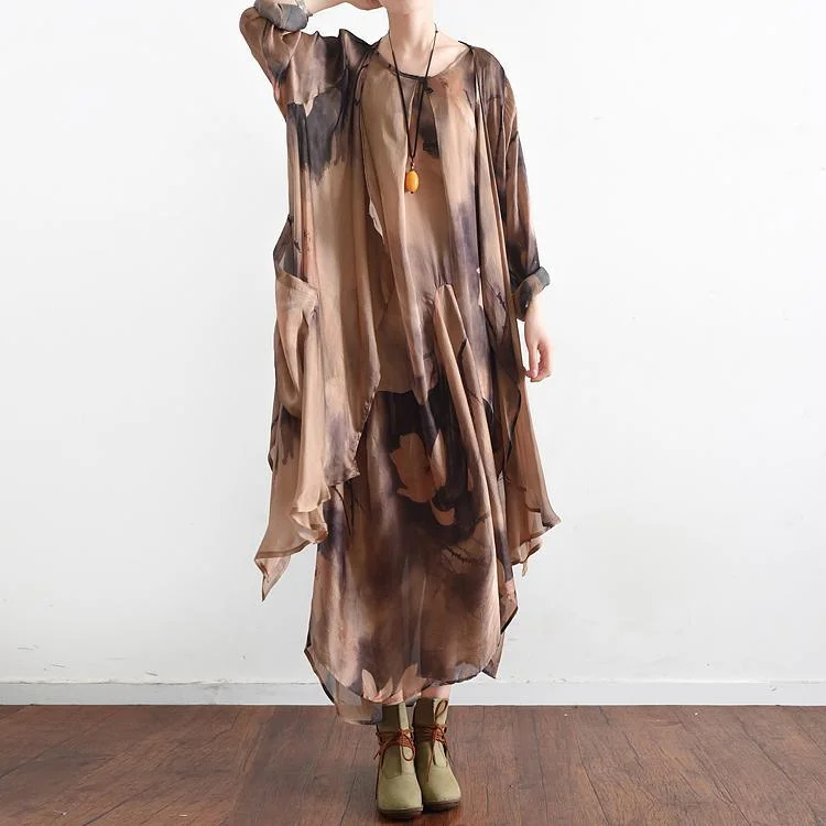 2017 summer khaki cotton dresses chiffon print maxi dress plus size asymmetric long sleeve two pieces Comfortable Long-Sleeve Maxi Dress