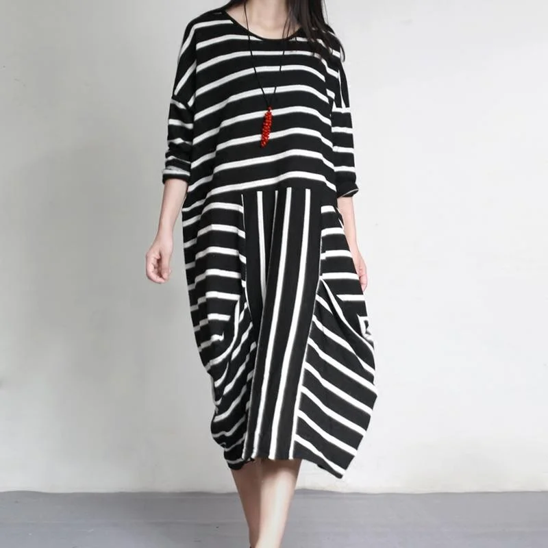 2017 unique fashion cotton dresses black white striped patchwork loose asymmetric maxi dress Chic Summer Maxi Dress