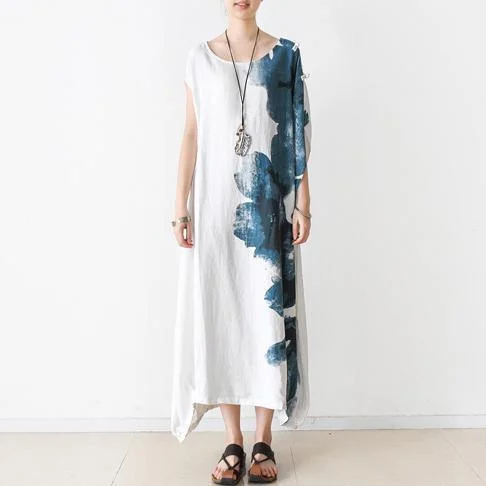 2017 white summer linen dresses asymmetric print oversize maxi dress unique casual gowns Trendy Maxi Dress with Belt