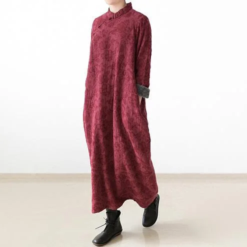 2017 winter burgundy prints linen dress plus size warm autumn out fits casual maxi dress Comfortable Pleated Maxi Dress