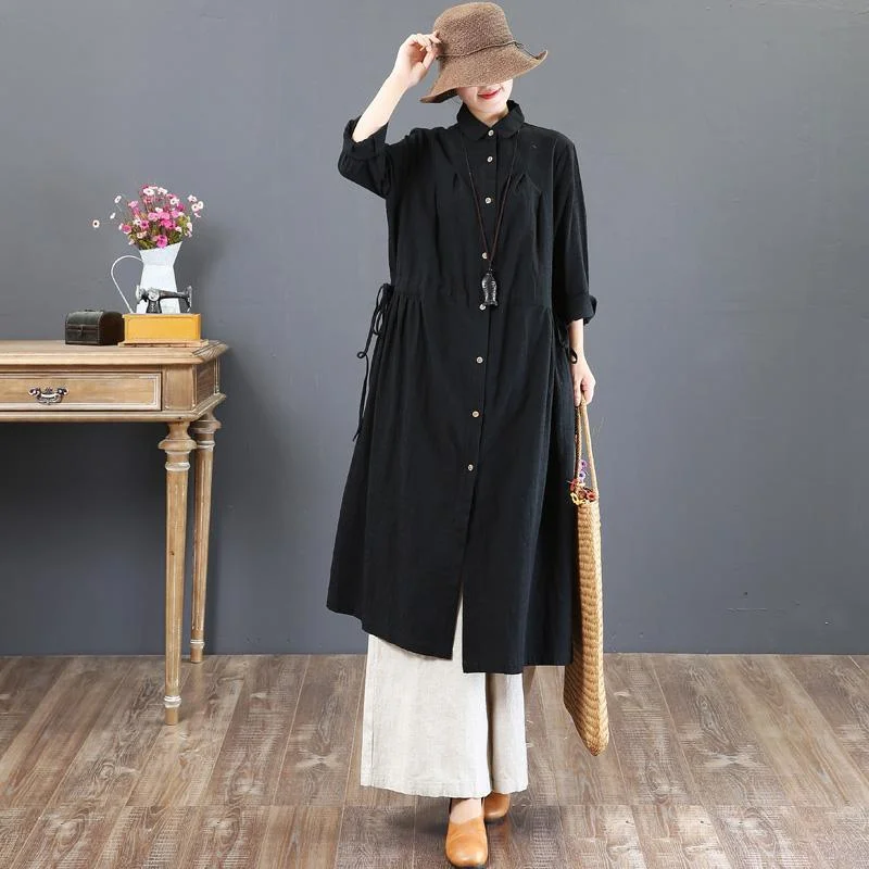 2018 black linen dresses trendy plus size lapel collar traveling dress 2018 waist drawstring maxi dresses Elegant Lace-Up Maxi Dress