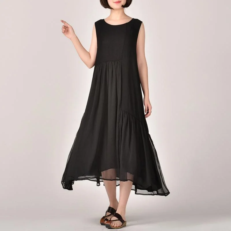 2018 black patchwork chiffon dress Loose fitting sleeveless clothing dresses casual asymmetric maxi dresses Cozy Maxi Dress with Slit