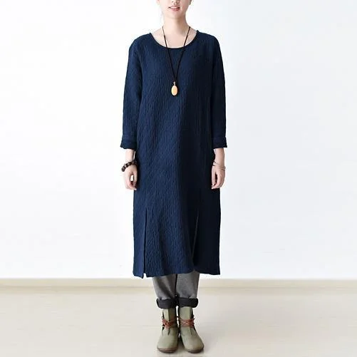 2018 dark blue cotton maxi dress oversized long dress O neck  casual clothing side open dresses Comfortable Maxi Dress with Slits