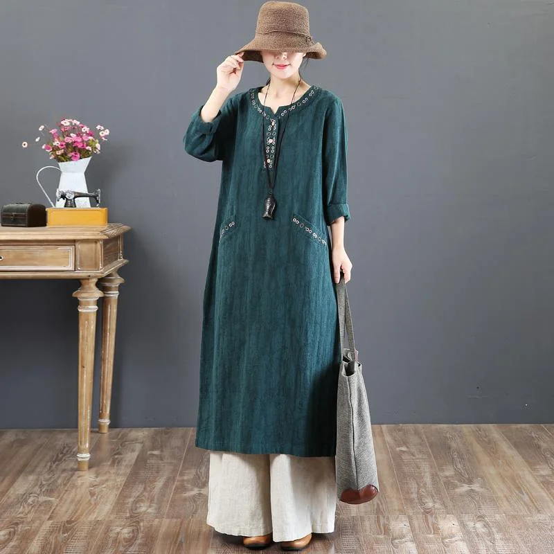 2018 green autumn casual dresses loose cotton maxi dress embroidery women maxi dress Cozy Cold-Shoulder Maxi Dress