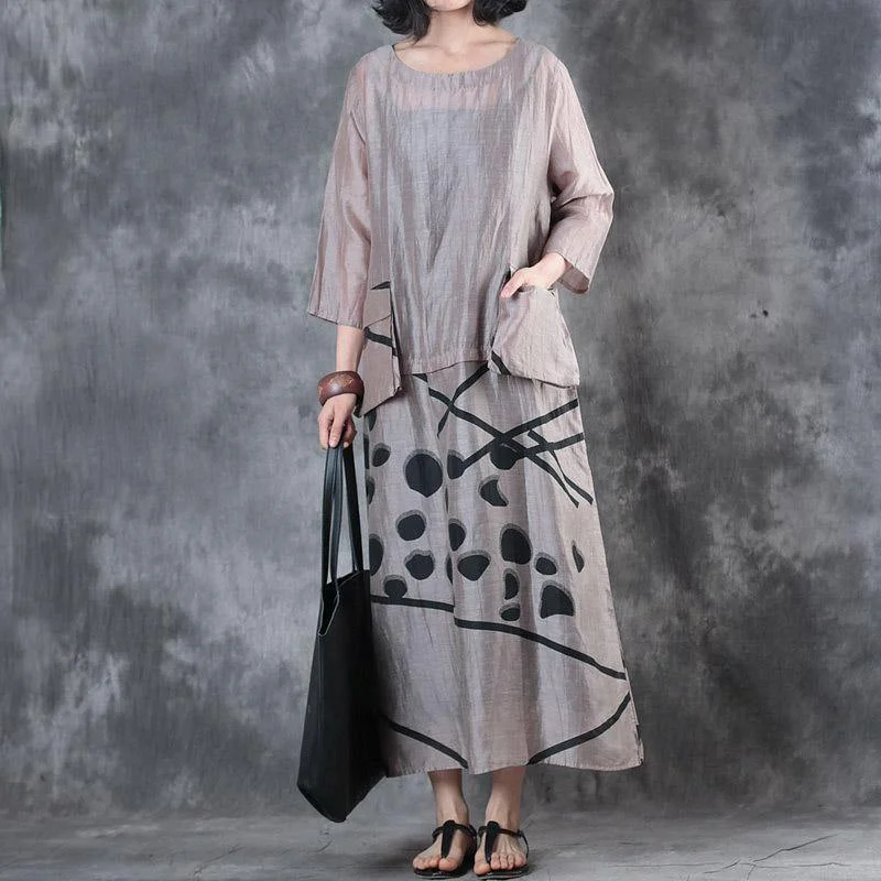 2018 nude linen caftans Loose fitting big pockets traveling dress New silk patchwork maxi dresses Stylish Long Sleeve Maxi Dress