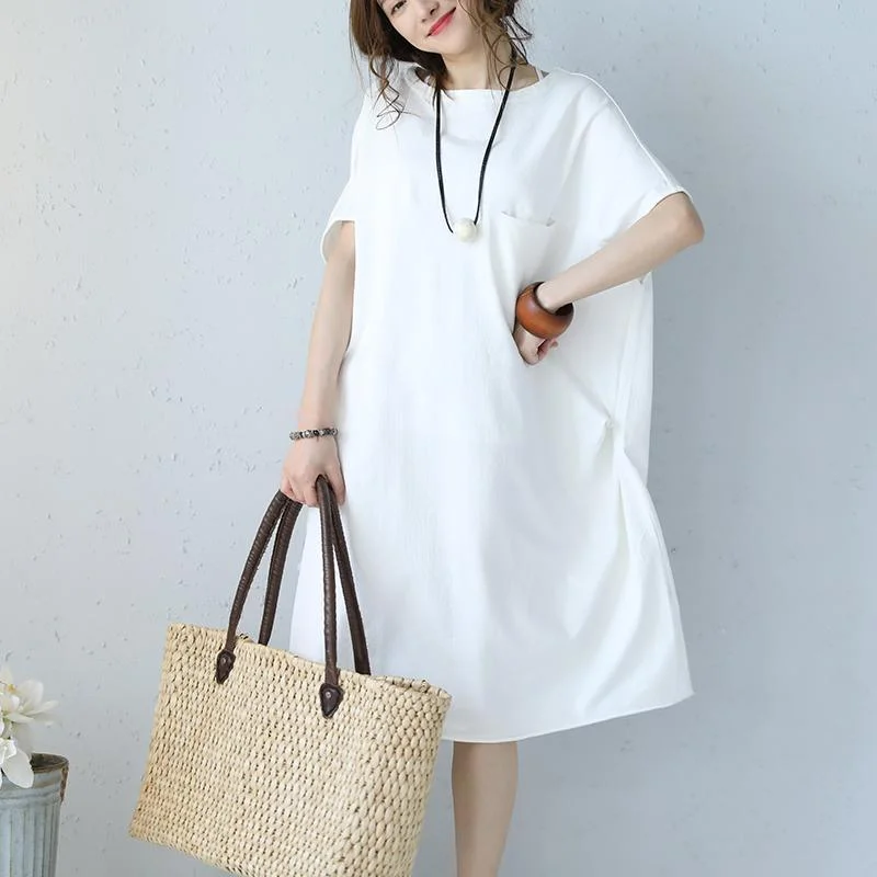 2018 white long cotton dresses plus size clothing O neck short sleeve cotton maxi dress Elegant Jacquard baggy dresses Trendy Button Front Maxi Dress