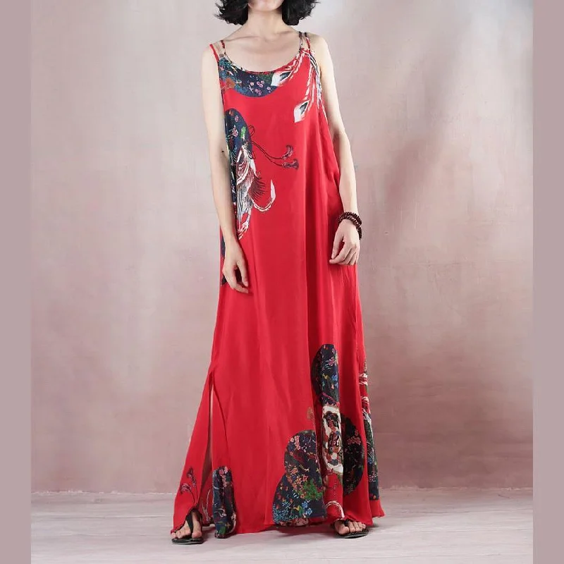 2018 women red print holiday dress o neck casual gowns  sleeveless gown a silk skirts maxi dress Elegant Maxi Dress with Belt