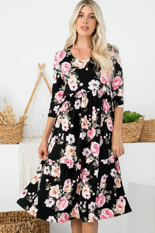 Plus Tiered Midi Dress Style 286 in Black Floral Fashionable High-Neck Midi Dress