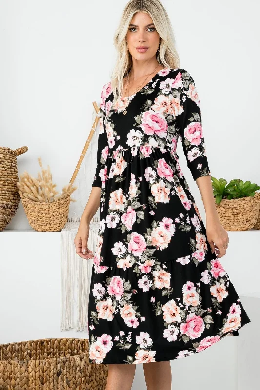 Tiered Midi Dress Style 286 in Black Floral Fashionable Pencil Midi Dress