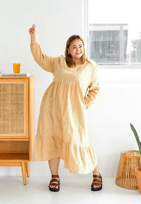 Mallori Cotton Square Neckline Midi Dress - Yellow Elegant Pleated Detail Midi Dress