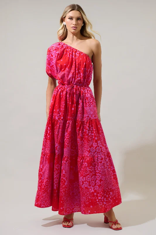 Addie Floral Querida One Shoulder Midi Dress Comfortable Fit-and-Flare Midi Dress