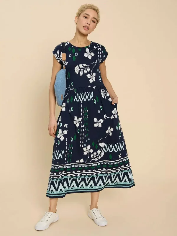 Addison Midi Dress - Navy Print Elegant Sleeveless Midi Dress