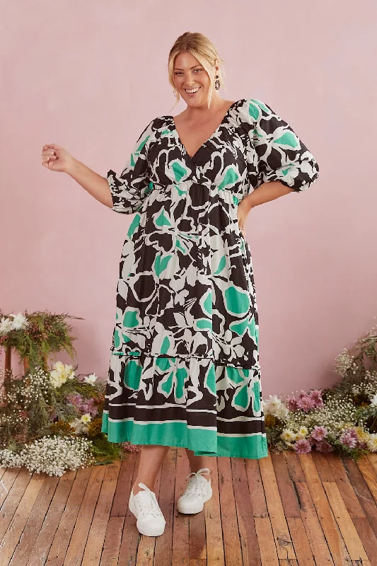 Alison 3/4 Sleeve Maxi Dress in Helsinki Summer Comfortable Plunging Neckline Maxi Dress