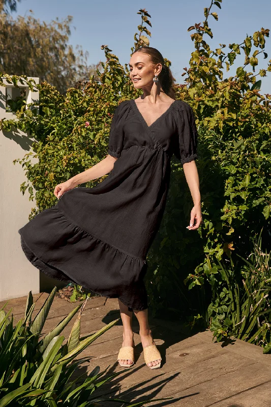 Alison Linen Maxi Dress in Black Comfortable Maxi Dress with Sleeves