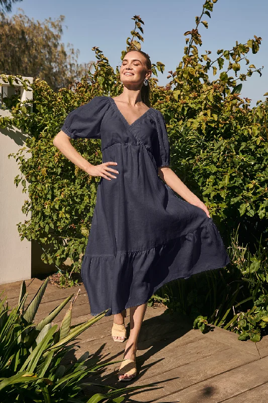 Alison Linen Maxi Dress in Navy Chic Off-Shoulder Maxi Dress