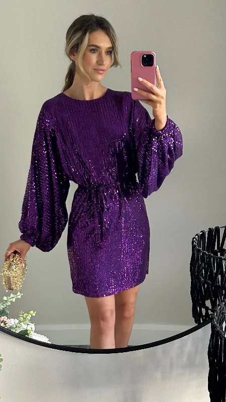 Alyona Purple Sequin Wide Sleeve Mini Dress Elegant Lace-Up Mini Dress