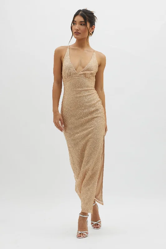 Alysia Plunging Halterneck Maxi Dress Champagne Fashionable Button-Down Maxi Dress
