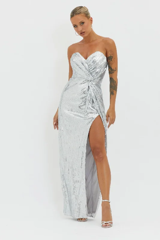 Angel Energy Strapless Sequin Maxi Dress Silver Classic Strapless Maxi Dress