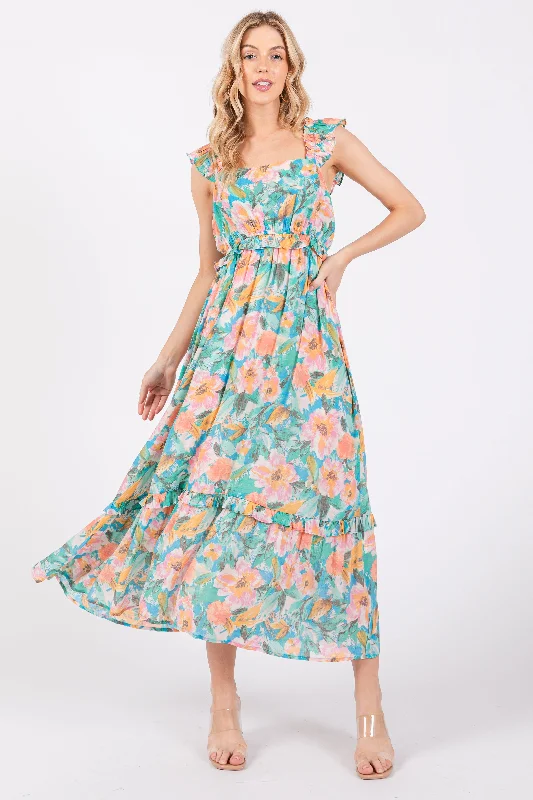 Aqua Watercolor Floral Ruffle Accent Midi Dress Fashionable Floral Embroidery Midi Dress