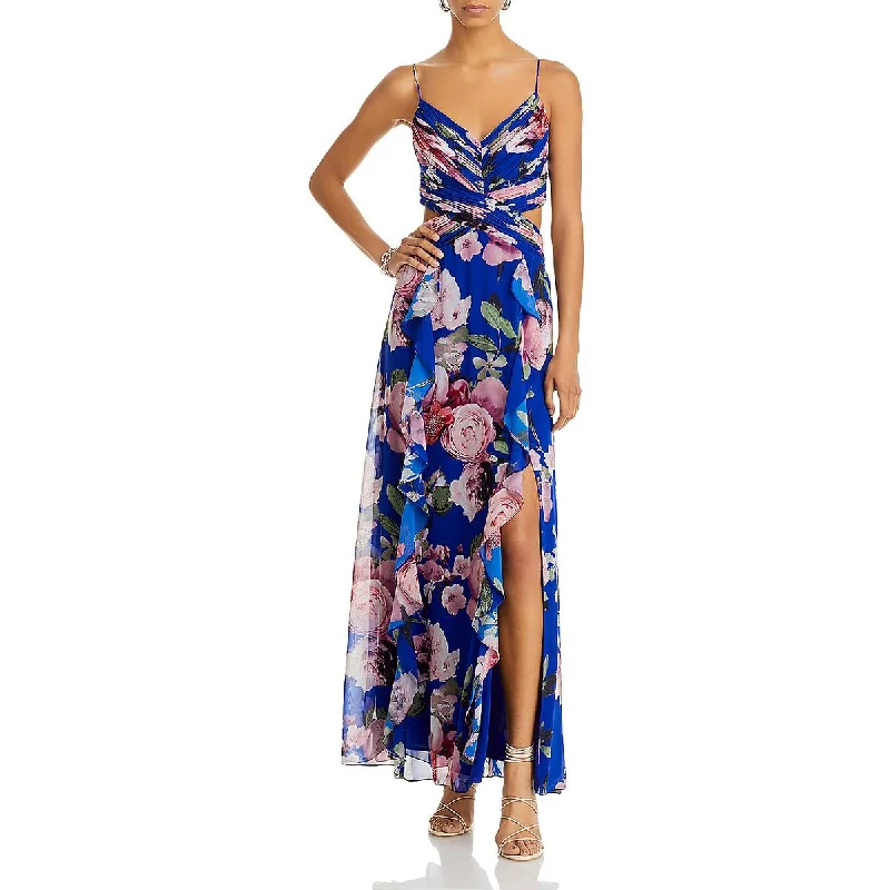 Aqua Womens Floral Print Ruched Maxi Dress Elegant Silk Maxi Dress