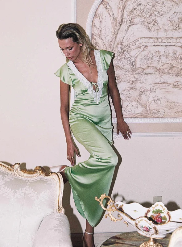 Armas Lace Trim Maxi Dress Green Stylish A-Line Maxi Dress