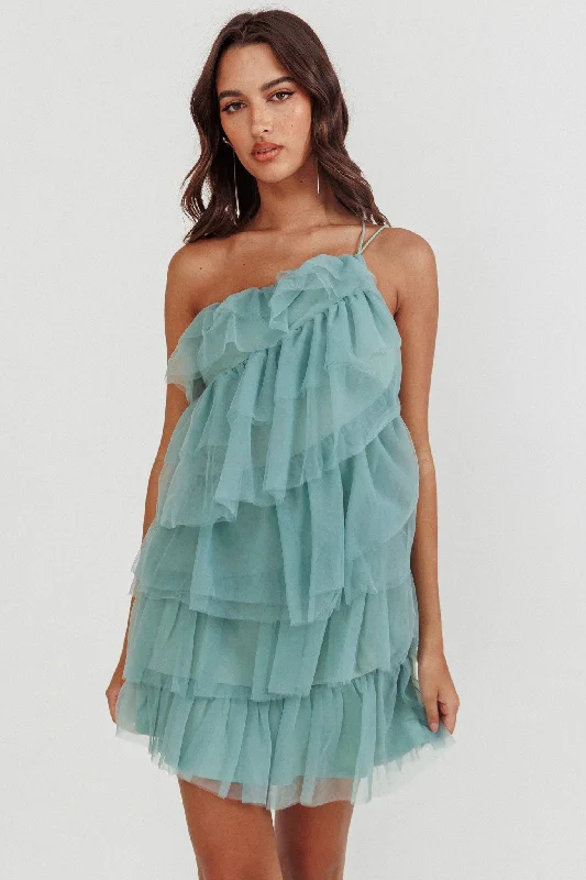 Arrabel Tiered Ruffle Mesh Mini Dress Sage Elegant Mini Dress with Pleats