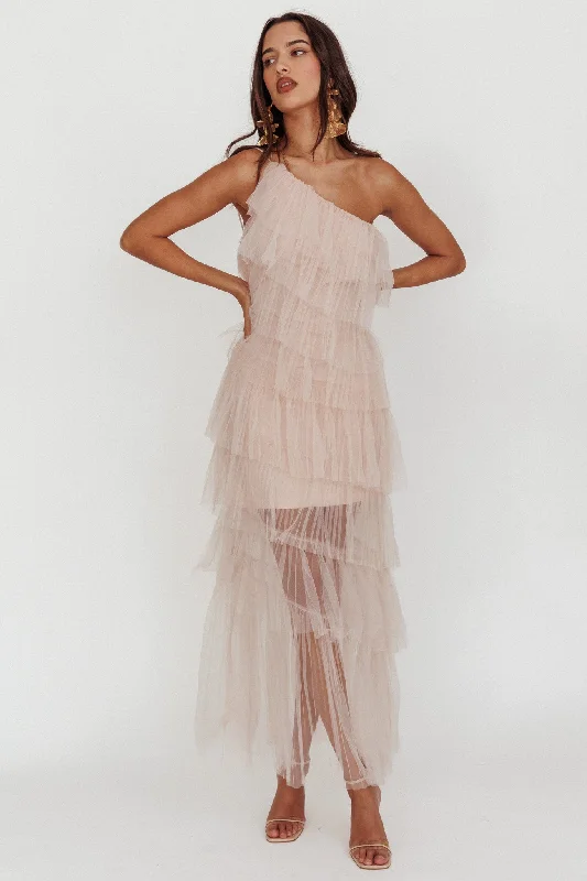 Arrabel Tiered Ruffle Tulle Maxi Dress Blush Comfortable Ruffle Hem Maxi Dress