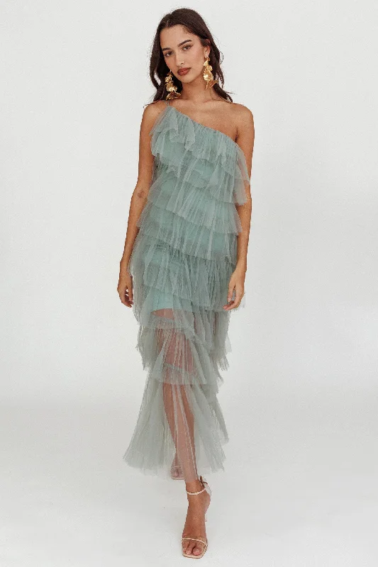 Arrabel Tiered Ruffle Tulle Maxi Dress Sage Casual Maxi Dress with Pockets