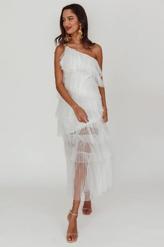 Arrabel Tiered Ruffle Tulle Maxi Dress White Stylish Maxi Dress with Frills