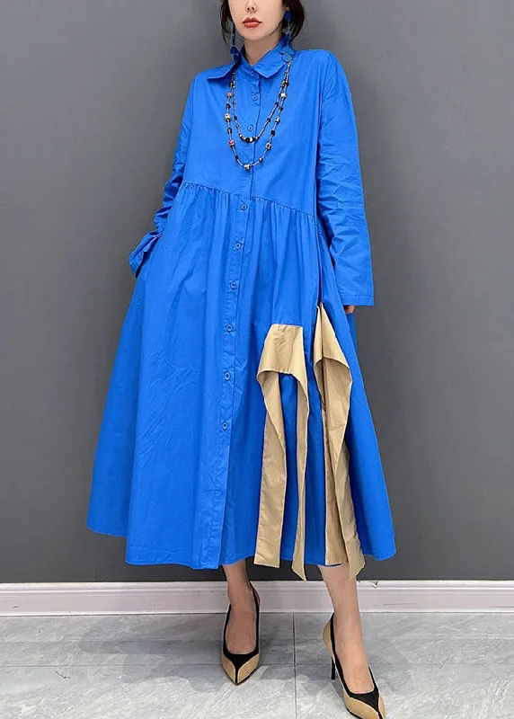 Art Blue Asymmetrical Design Patchwork Cotton Maxi Dresses Fall Elegant Maxi Dress with Pockets