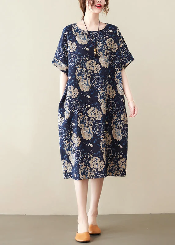 Art Navy Blue O-Neck Print Maxi Dress Short Sleeve Comfortable Satin Maxi Dress