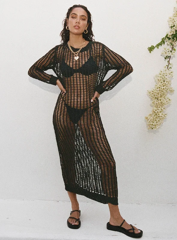 Astrade Long Sleeve Maxi Dress Black Classic A-Line Maxi Dress