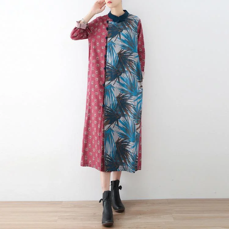 Autumn original design red patchwork linen dresses plus size casua asymmetric prints maxi dress Classic Strapless Maxi Dress