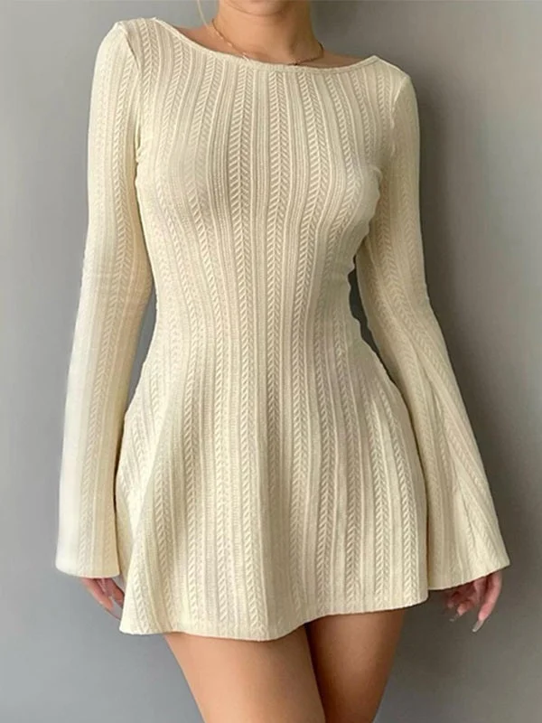 BerryBetty - Backless Knitted Long Sleeve Mini Dress Elegant Lace-Up Mini Dress