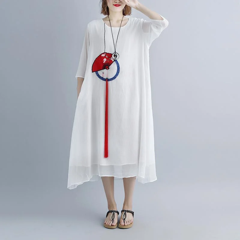 baggy cotton maxi dress oversized White Summer Fake Two-piece Pockets Retro Tassel Dress Comfortable Long-Sleeve Maxi Dress