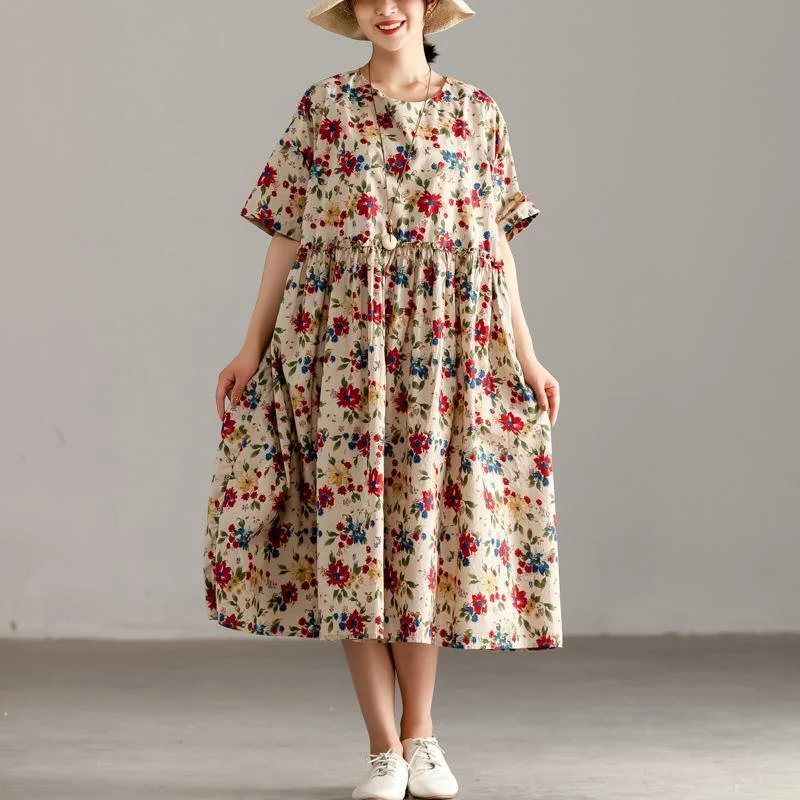 baggy cotton maxi dress plus size clothing Casual Short Sleeve Pockets Floral Lacing Pleated Dress Cozy Spaghetti Strap Maxi Dress