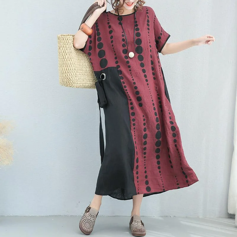 baggy dotted cotton linen dresses plus size O neck short sleeve dresses women tie waist baggy dresses patchwork maxi dresses Stylish Empire Waist Maxi Dress