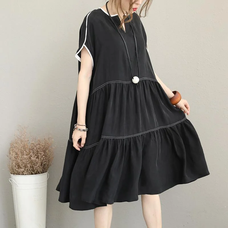 baggy gray cotton blended dress v neck short sleeve patchwork maxi dress women baggy dresses Elegant Lace Maxi Dress